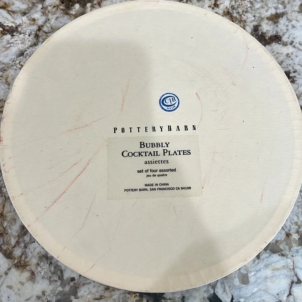 Complete Set POTTERY BARN Bubbly Ceramic French Champagne Cocktail Plates 8.25